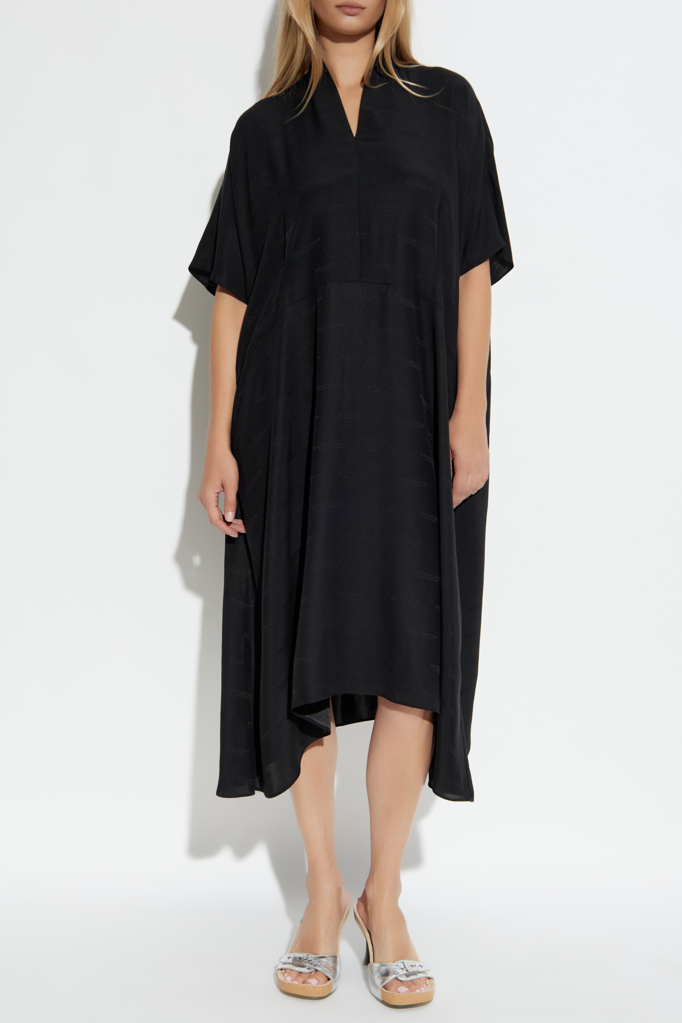 BALENCIAGA.SILK ブラック シャツ　ワンピース 36 BALENCIAGA*ロゴ シャツワンピース BB 半袖 ブラック